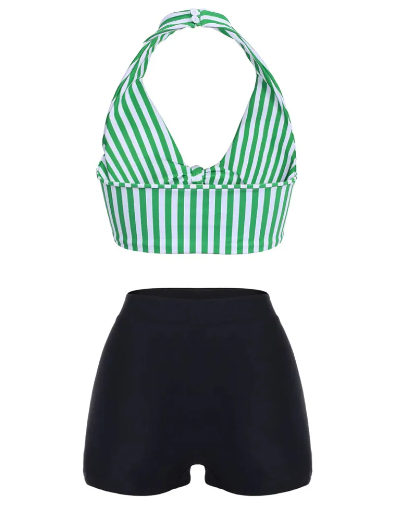 GREEN 1950S RETRO HALTER STRIPES BIKINI SET