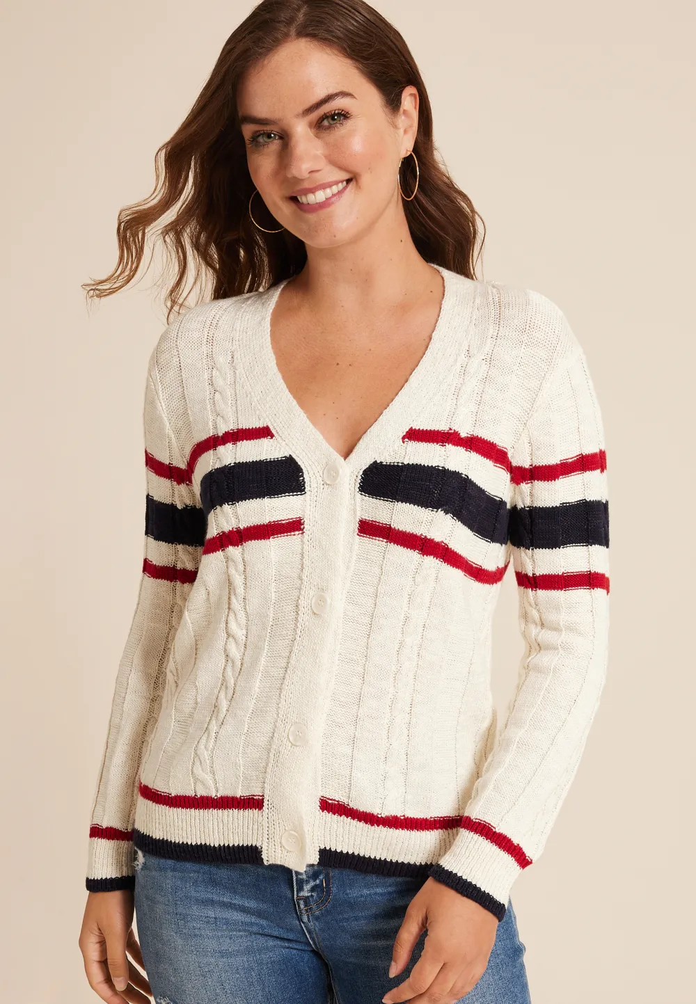 Prep Striped Cable Knit Button Down Cardigan