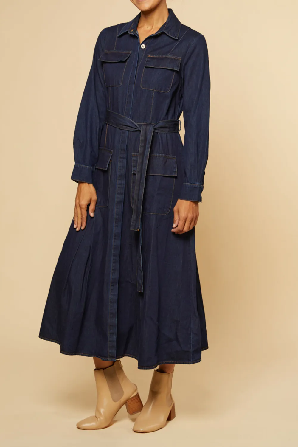 River Chambray Pocket Dress in Dark Wash