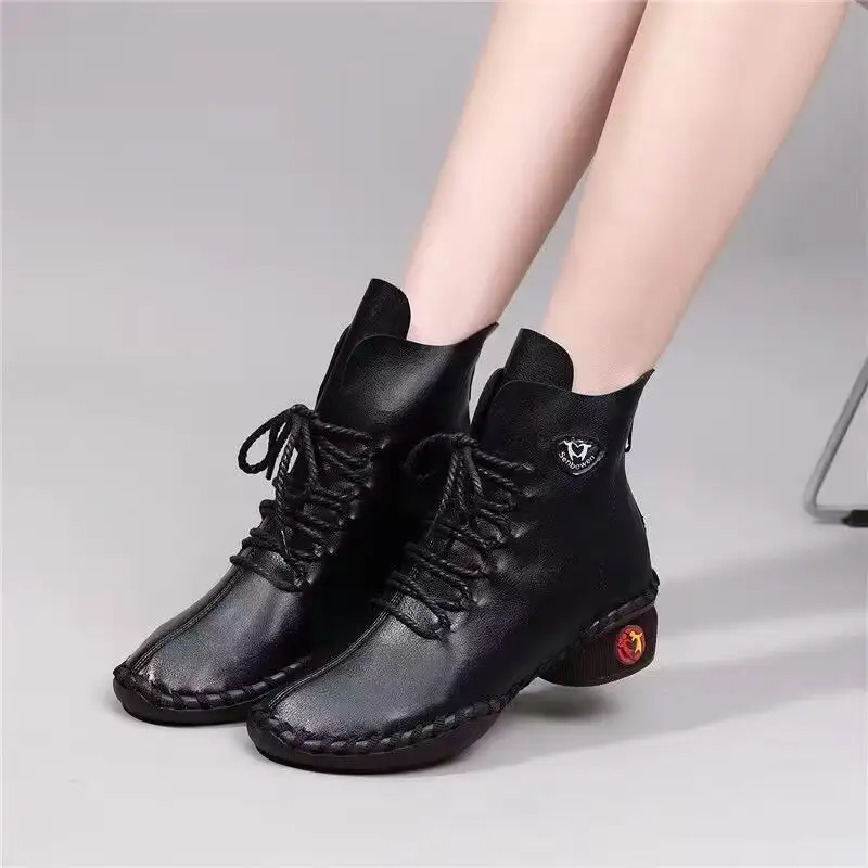 Cilool Lace Up Leather Shoes  Plush Ankle Booties Warm Orthopedic Loafers