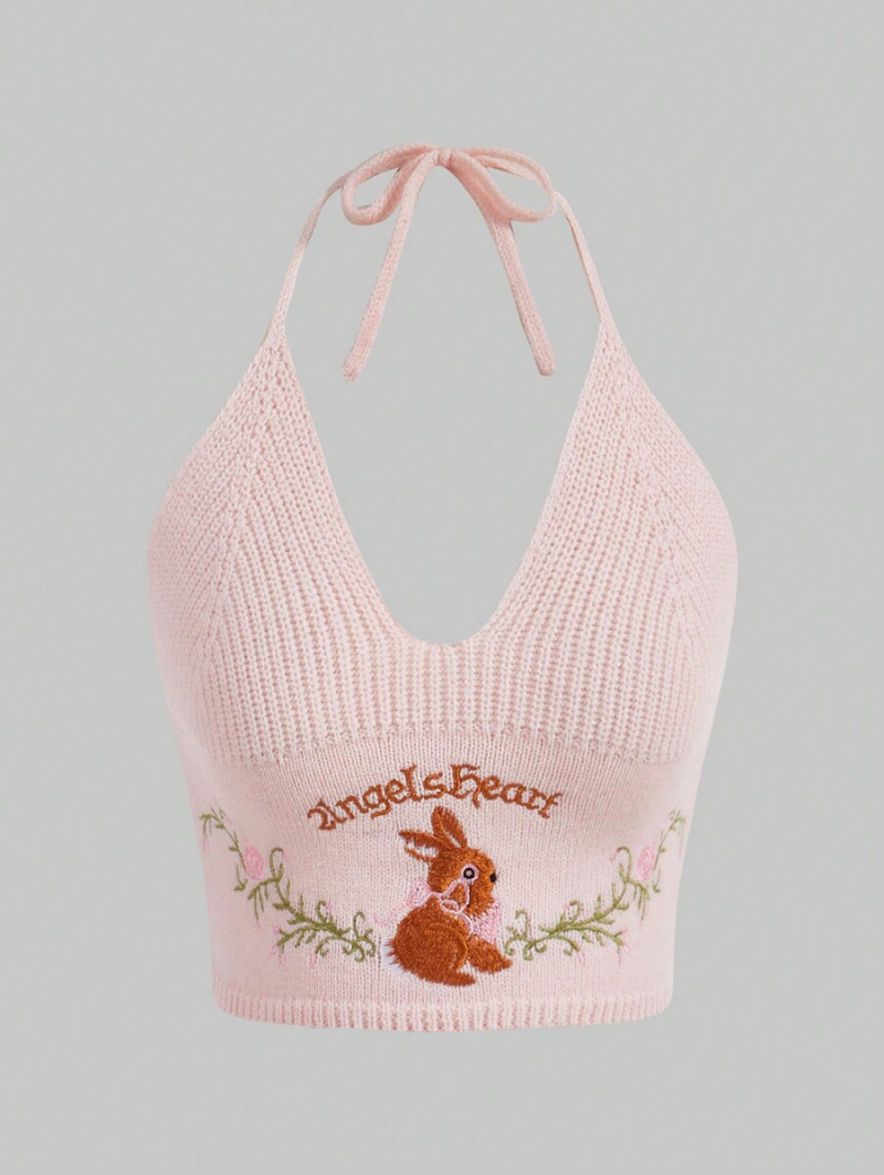 Kawaii Knitted Top With Cloud Print And Hanging Straps