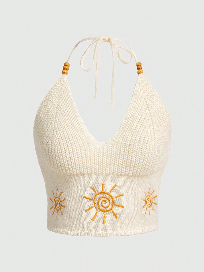 Kawaii Knitted Top With Cloud Print And Hanging Straps