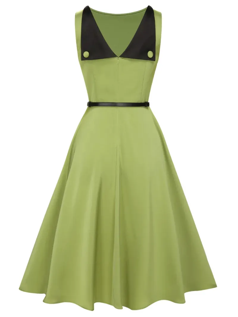 GREEN 1950S BOAT NECK SLEEVELESS BELT DRESS