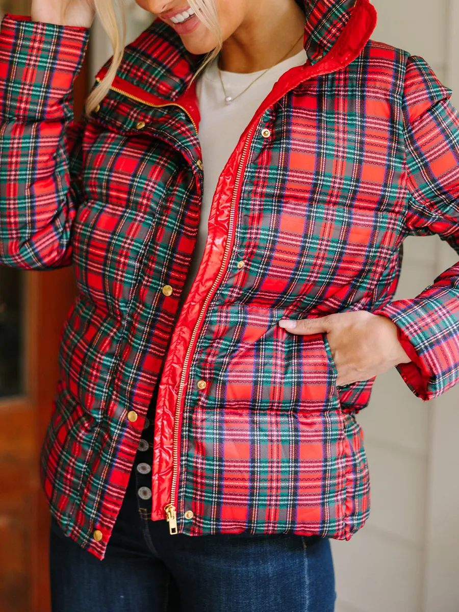 Red Tartan Plaid Puffer Jacket