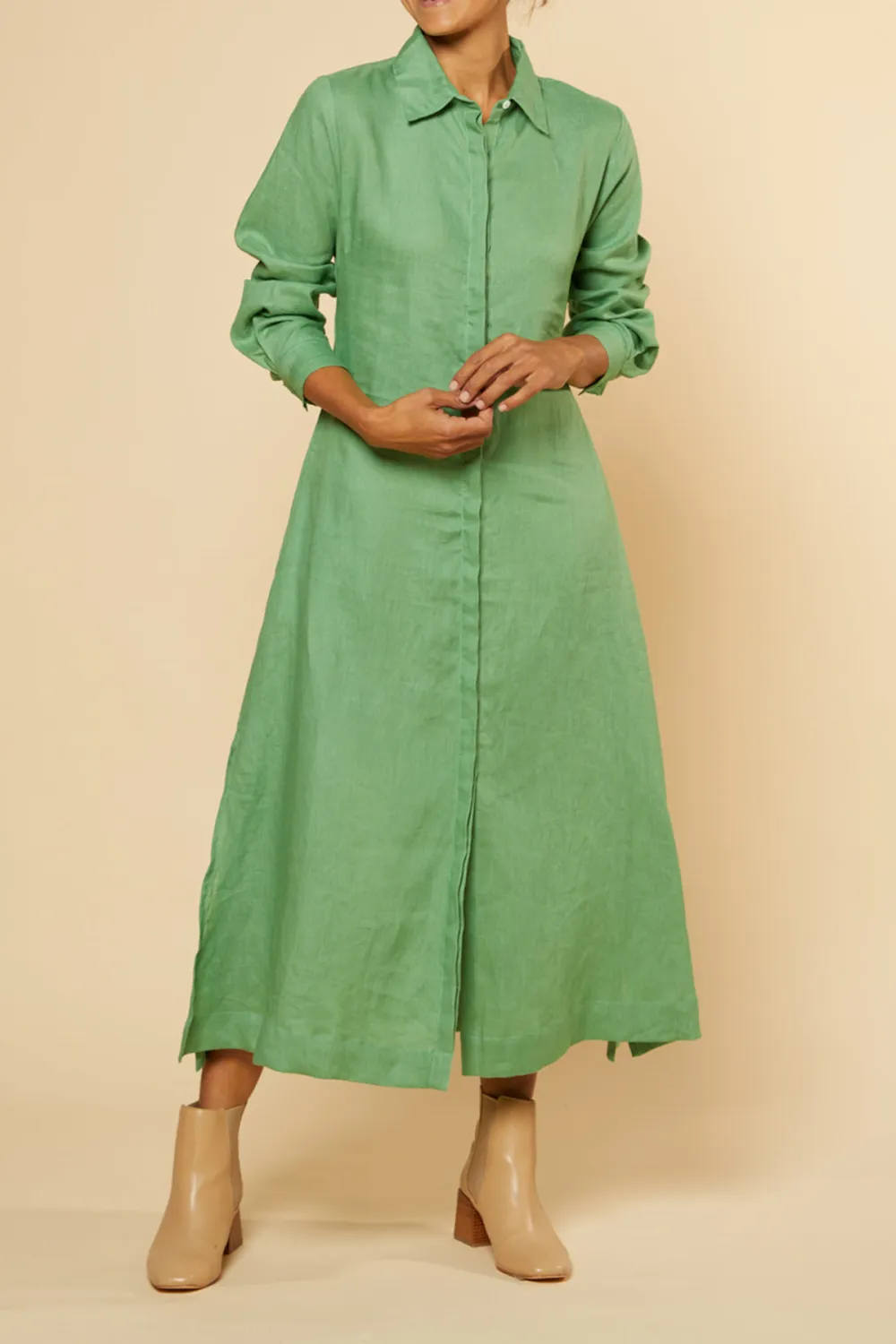 Gracie Long Sleeve Linen Dress in Jadesheen