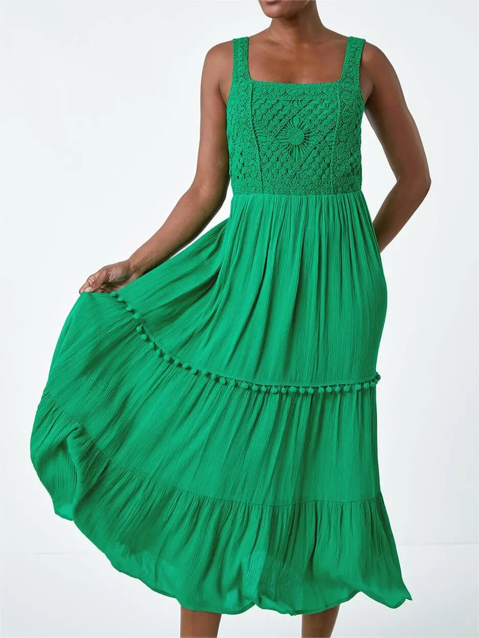 Square neck high waist ruffle dress