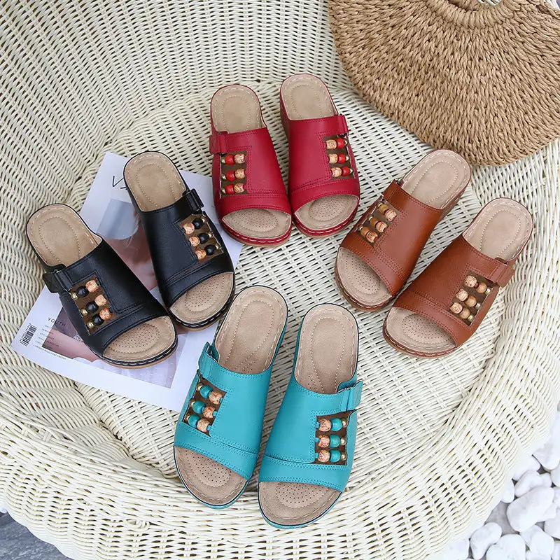 Cilool Wedge Heel Slip On Open Toe Mules Sandals