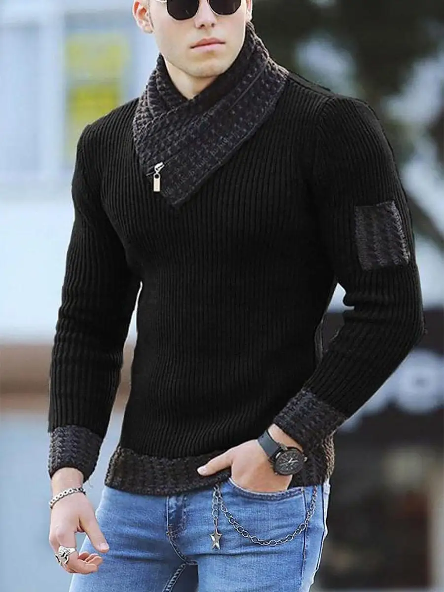 Men's Turtleneck Pullover Scarf Long Sleeve Casual Knit Sweater