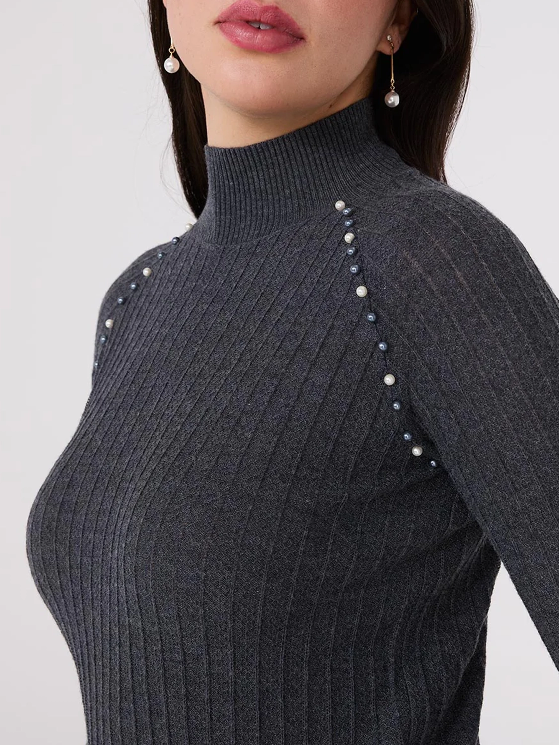 Mock Neck Sweater With Pearl Details