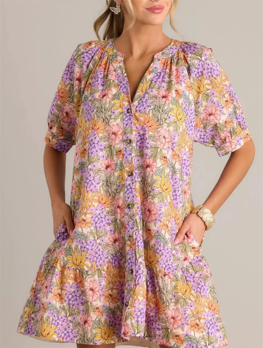 GARDEN GLOW 100% COTTON LAVENDER MINI SHIRT DRESS