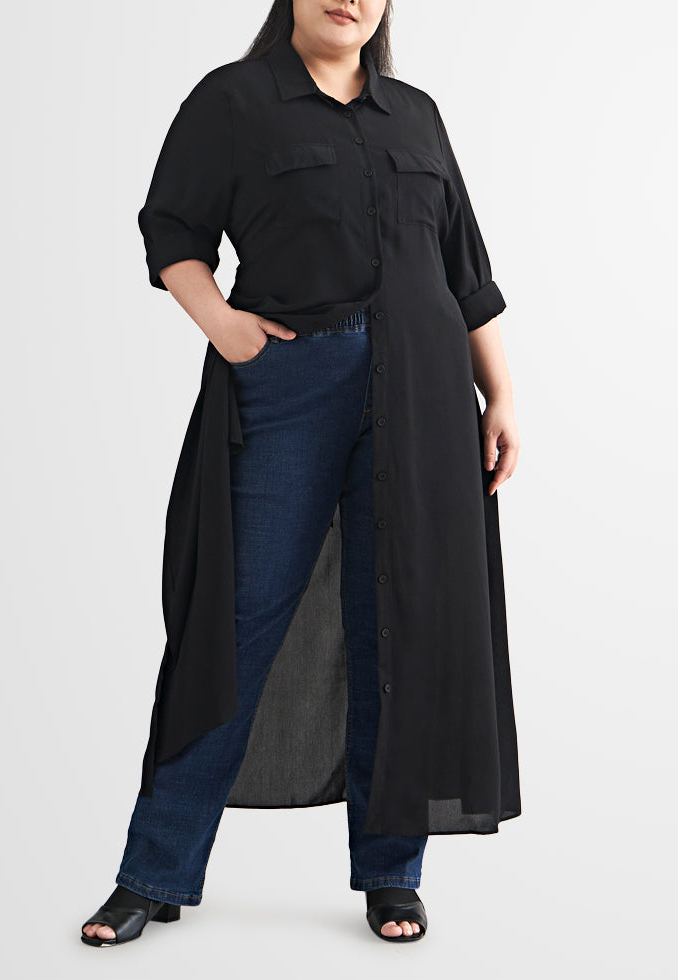 Long Trench Style Button Dress Shirt