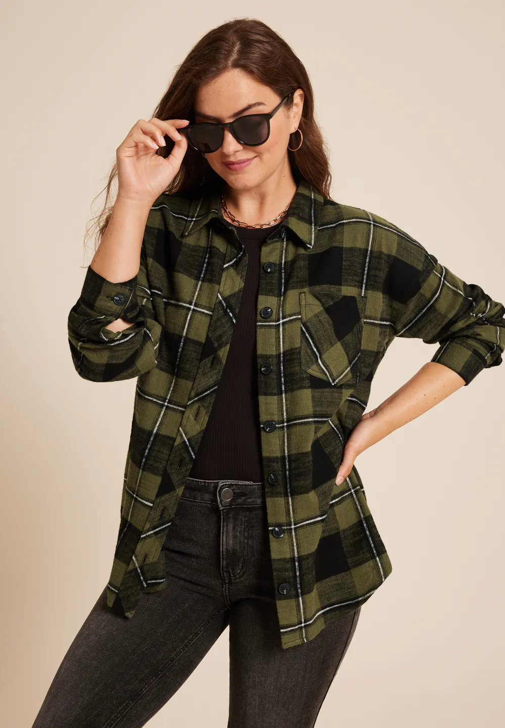 Plaid Stay Magical Graphic Back Oversized Button Down Shirt