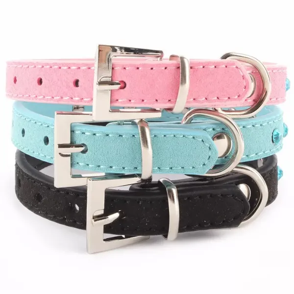 Small Pet Dog Velvet PU Leather Collar Puppy Cat Crystal Rhinestone Neck Strap