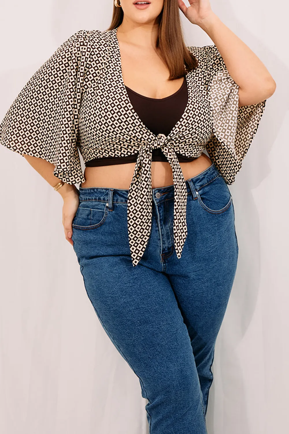 Brown Geo Tie Front Bolero Top