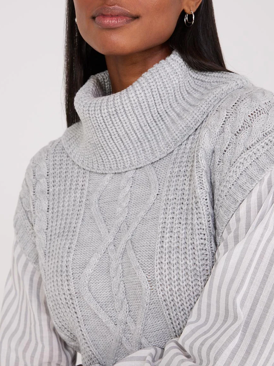 2-Fer Cable Knit Vest With Striped Blouse