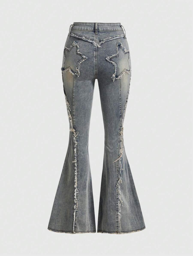 Grunge Punk Y2k Style Street Style Tight-Fit Denim Flared Pants With Star Patches And Frayed Hems