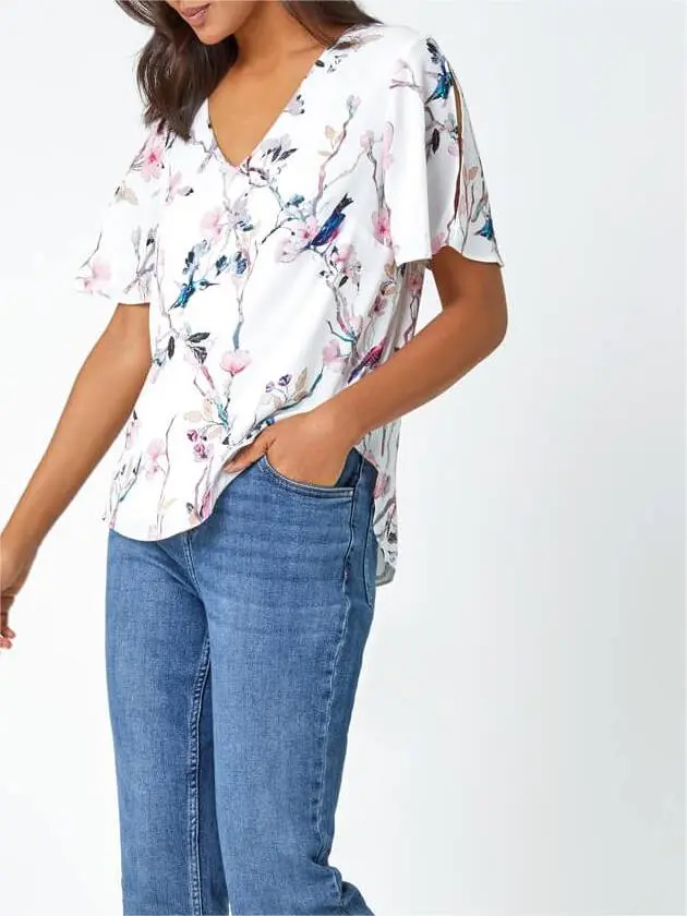 Ivory Floral Angel Sleeve V-Neck Top