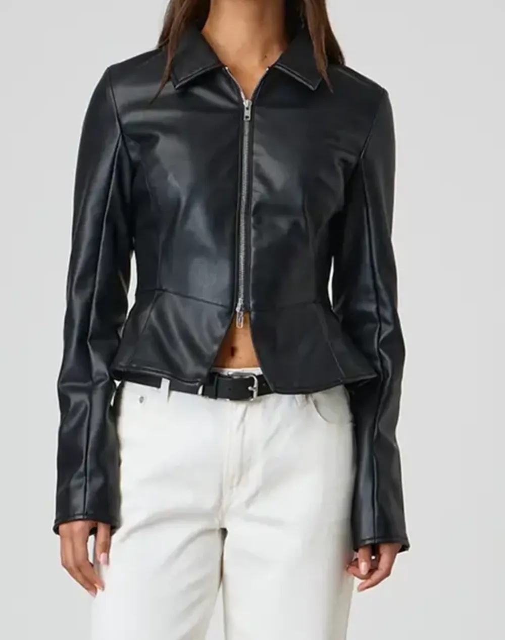 Faux Leather Fitted Peplum Jacket