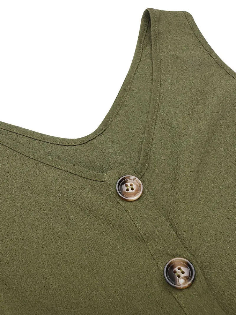 ARMY GREEN 1950S V-NECK BUTTON WAIST TIE ROMPER