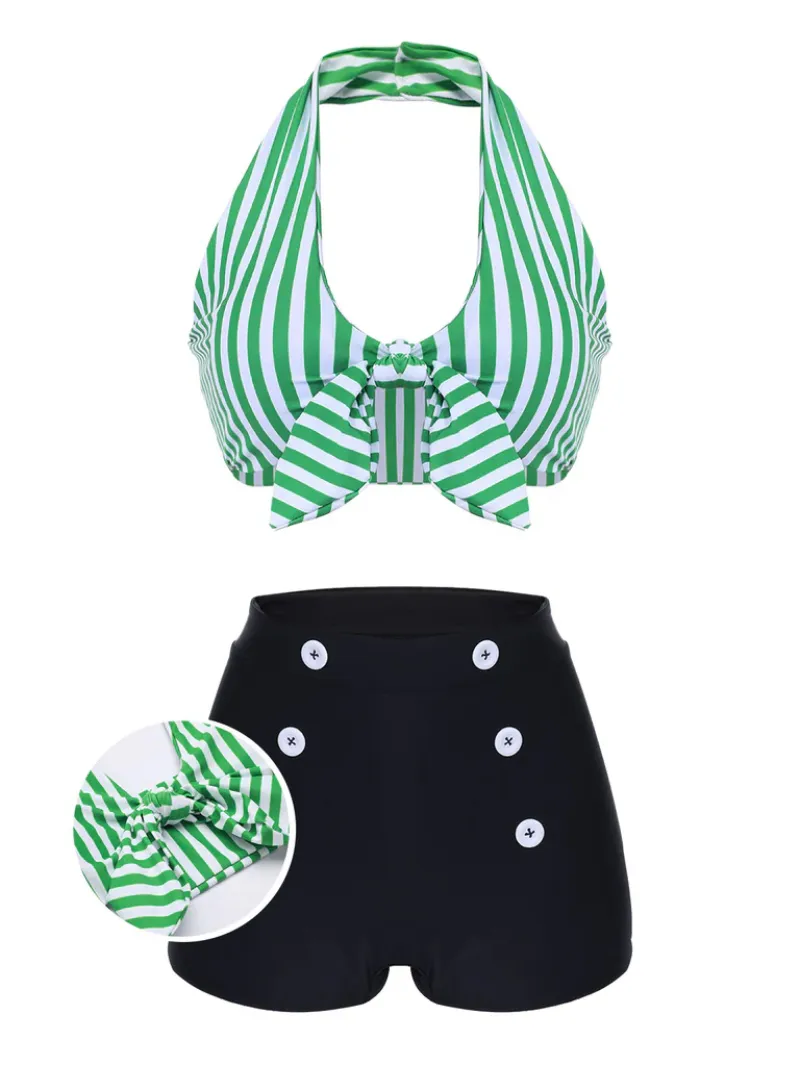 GREEN 1950S RETRO HALTER STRIPES BIKINI SET