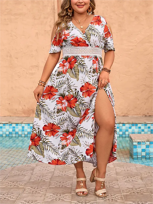 Floral Print Lace Insert Cold Shoulder Dress