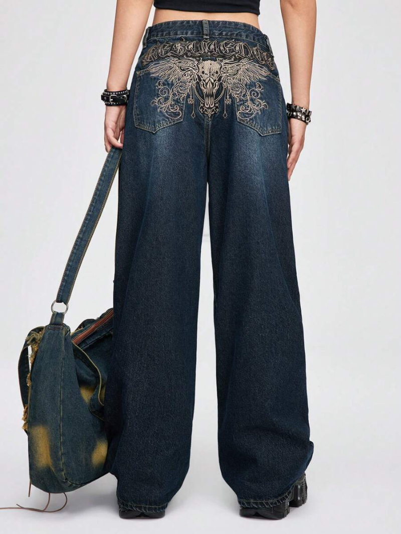 Grunge Punk Ladies' Grunge Punk Loose Wide Leg Jeans With Winged Skull Embroidered Patch On Back Pocket