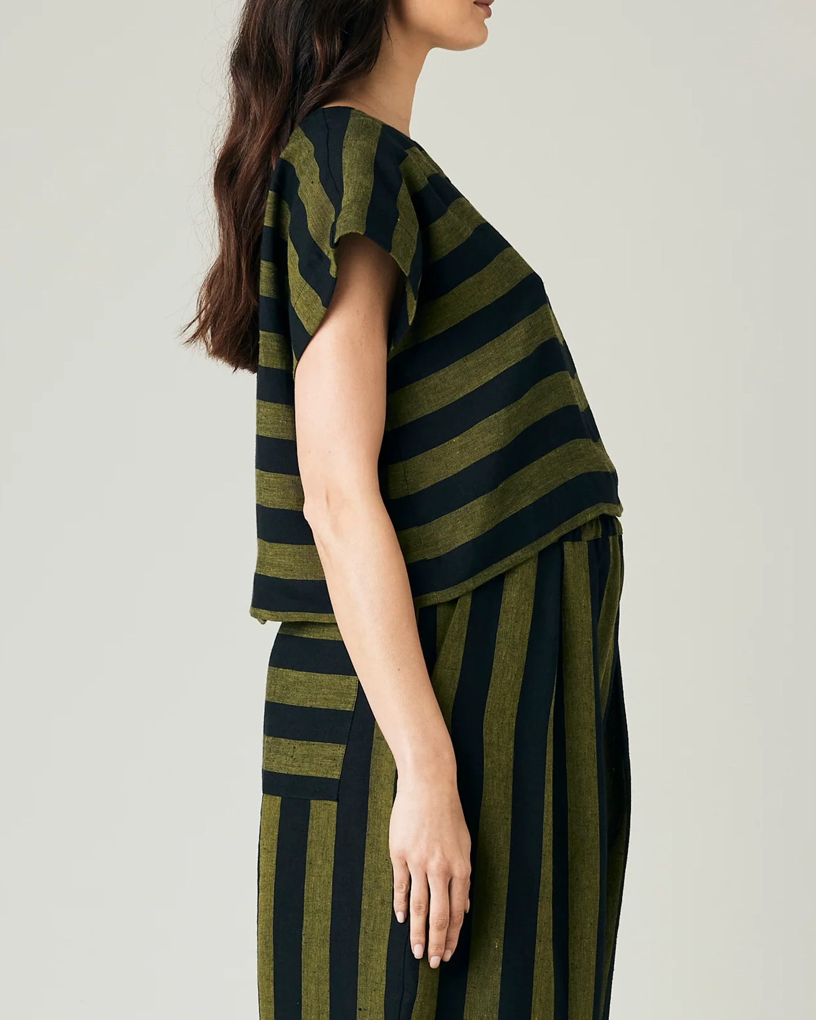 POLLY BLACK & OLIVE STRIPE LINEN TOP