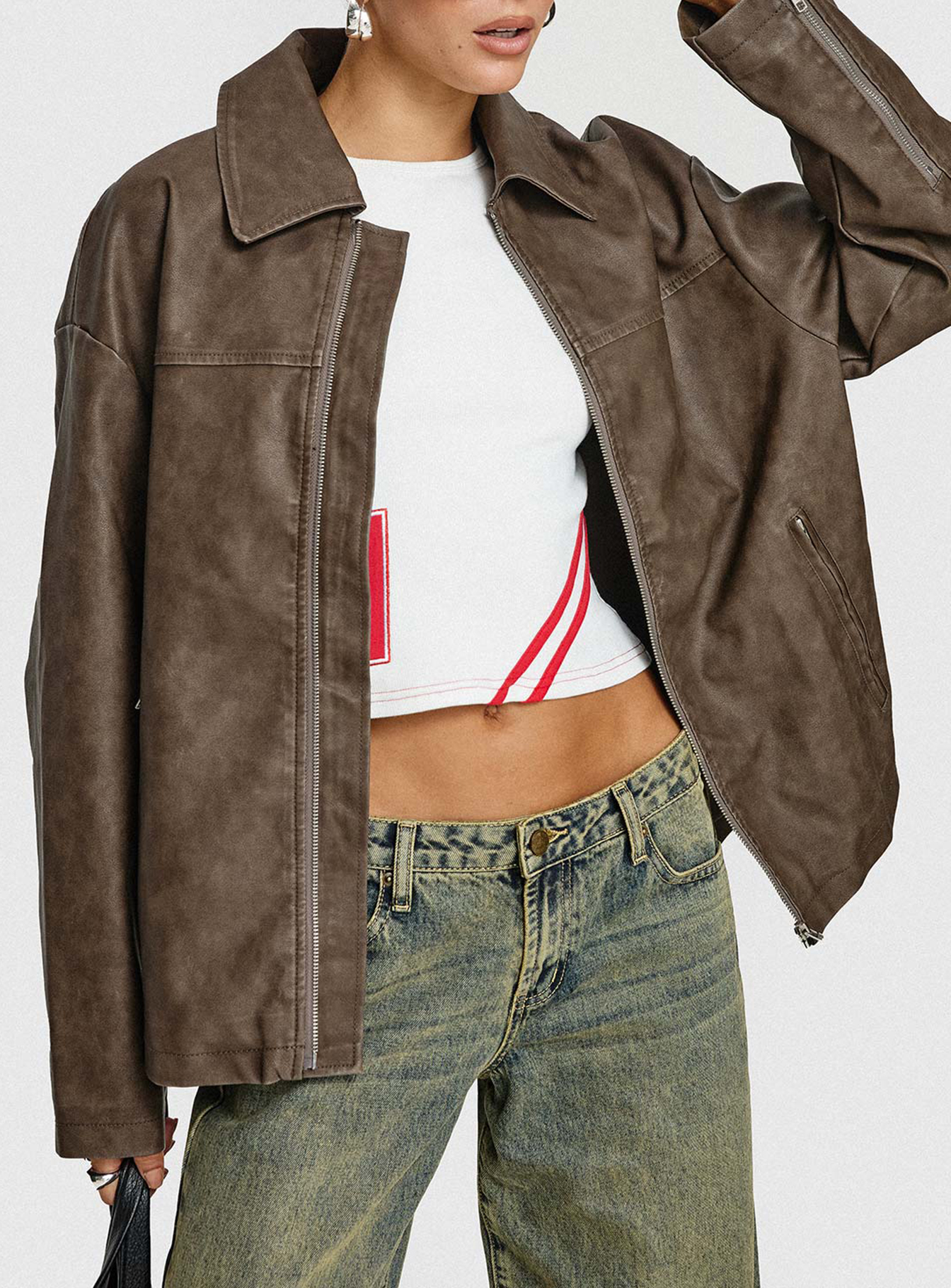 Faux Leather Collared Dad Jacket Washed Brown