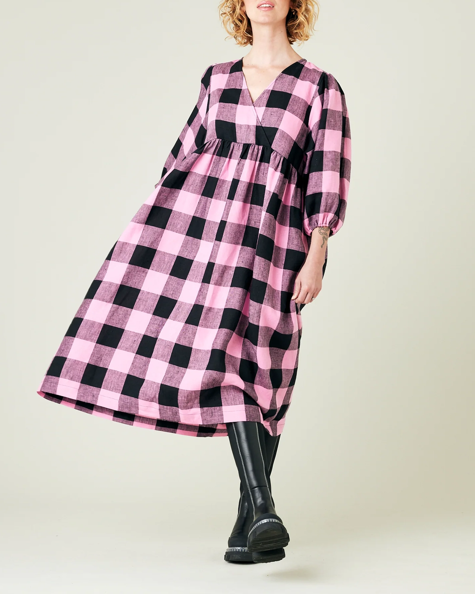 ABBIE PINK & BLACK MEGA CHECK LINEN DRESS