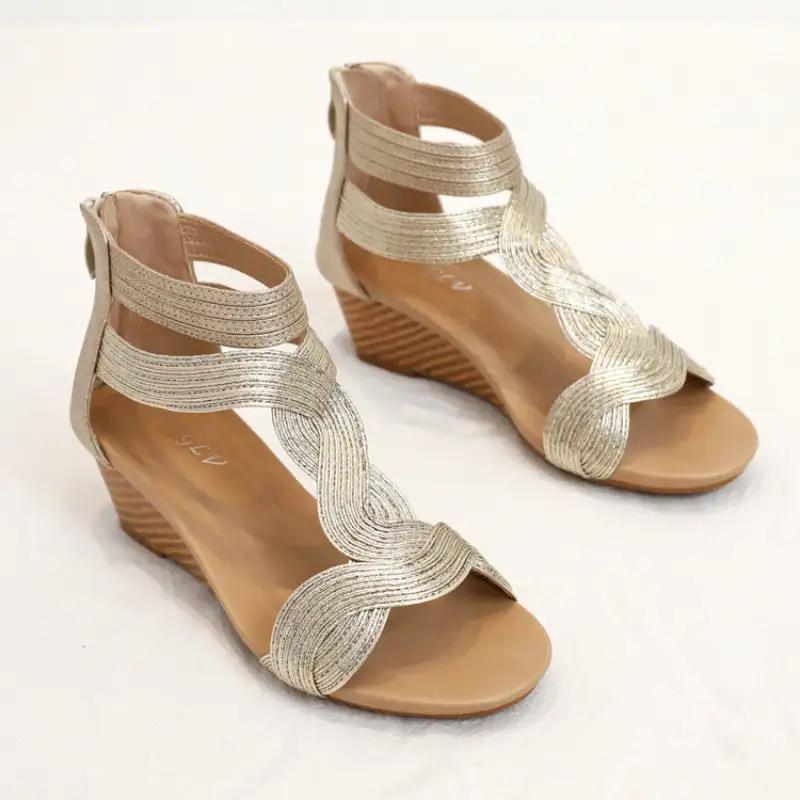 Summer Sandals Women Wedges Shoes Soft Leather T Strap Zipper Open Cover Heel Design Ladies Shoes