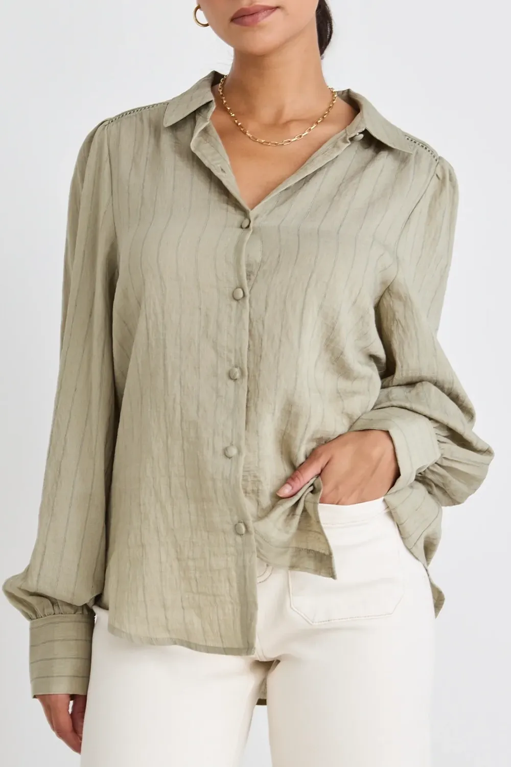 Bloom Khaki Stripe Lace Insert Blouse