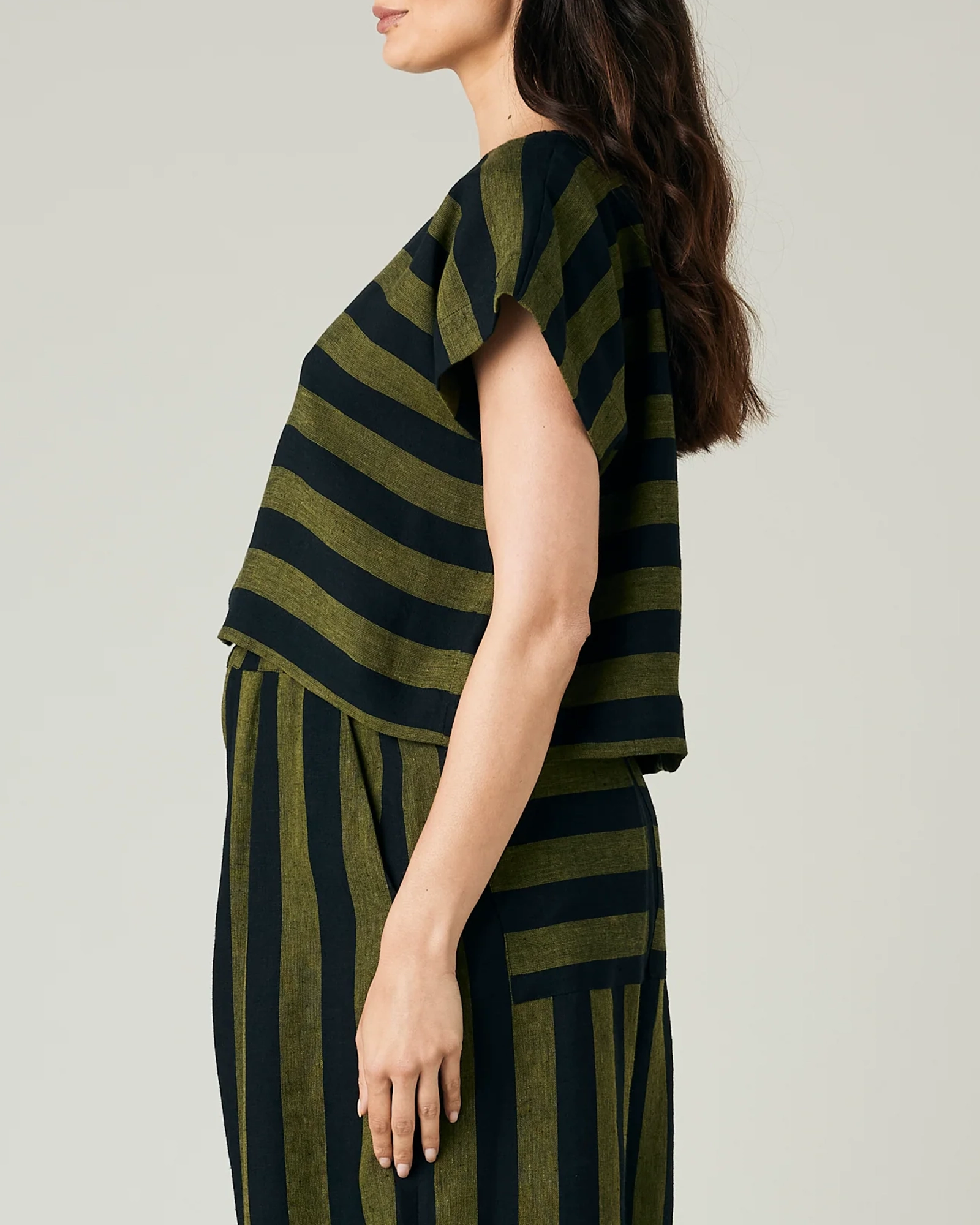 POLLY BLACK & OLIVE STRIPE LINEN TOP