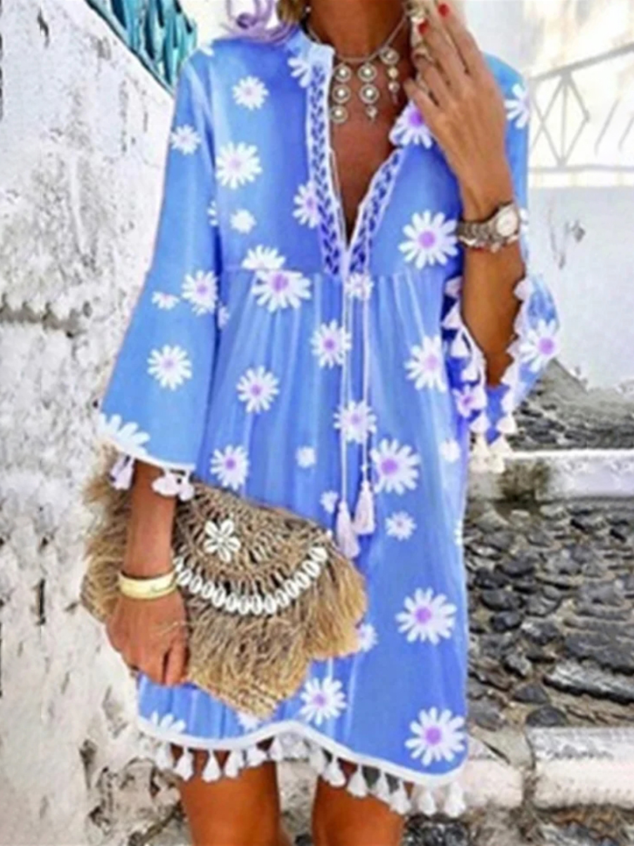 Elegant patchwork floral tassel V-neck A-line dress