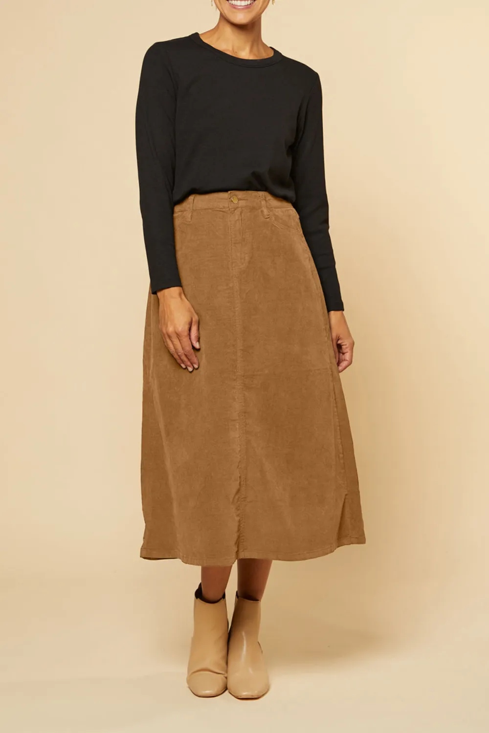 Adrift A-Line Brushed Cotton Skirt in Camel