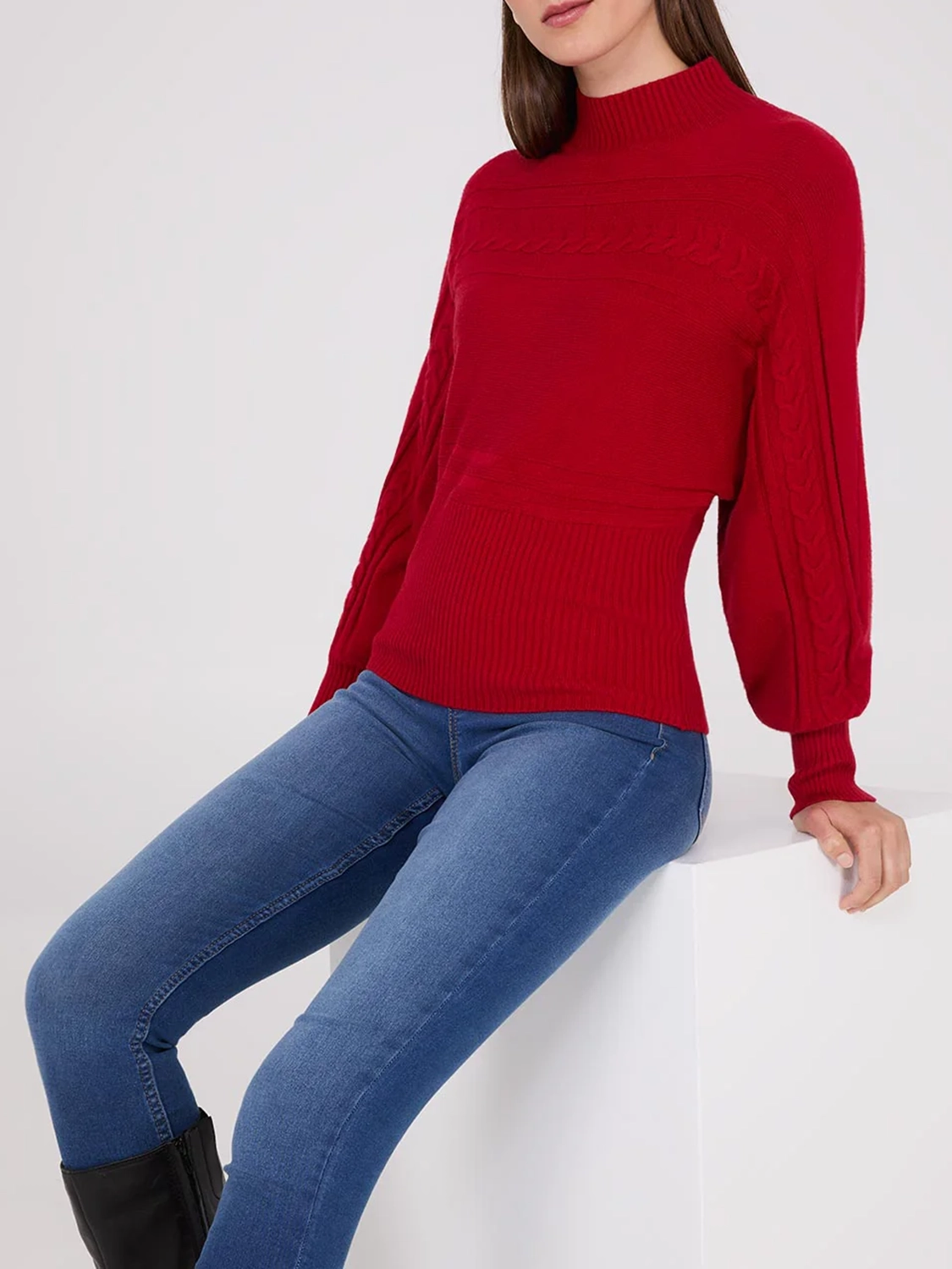 Cable Knit Mock Neck Dolman Sleeve Sweater