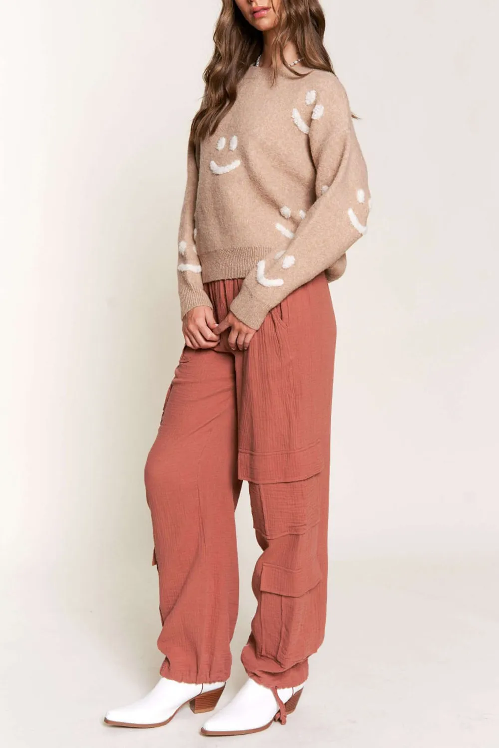 TERRACOTTA LINEN WIDE LEG CARGO PANTS