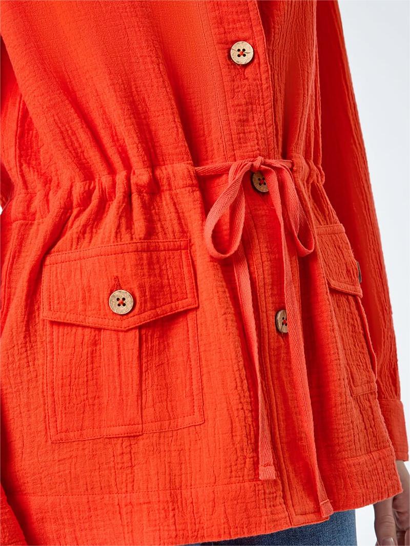 Dark Orange 3/4 Sleeve Textured Tie Waist Shirt Jacket