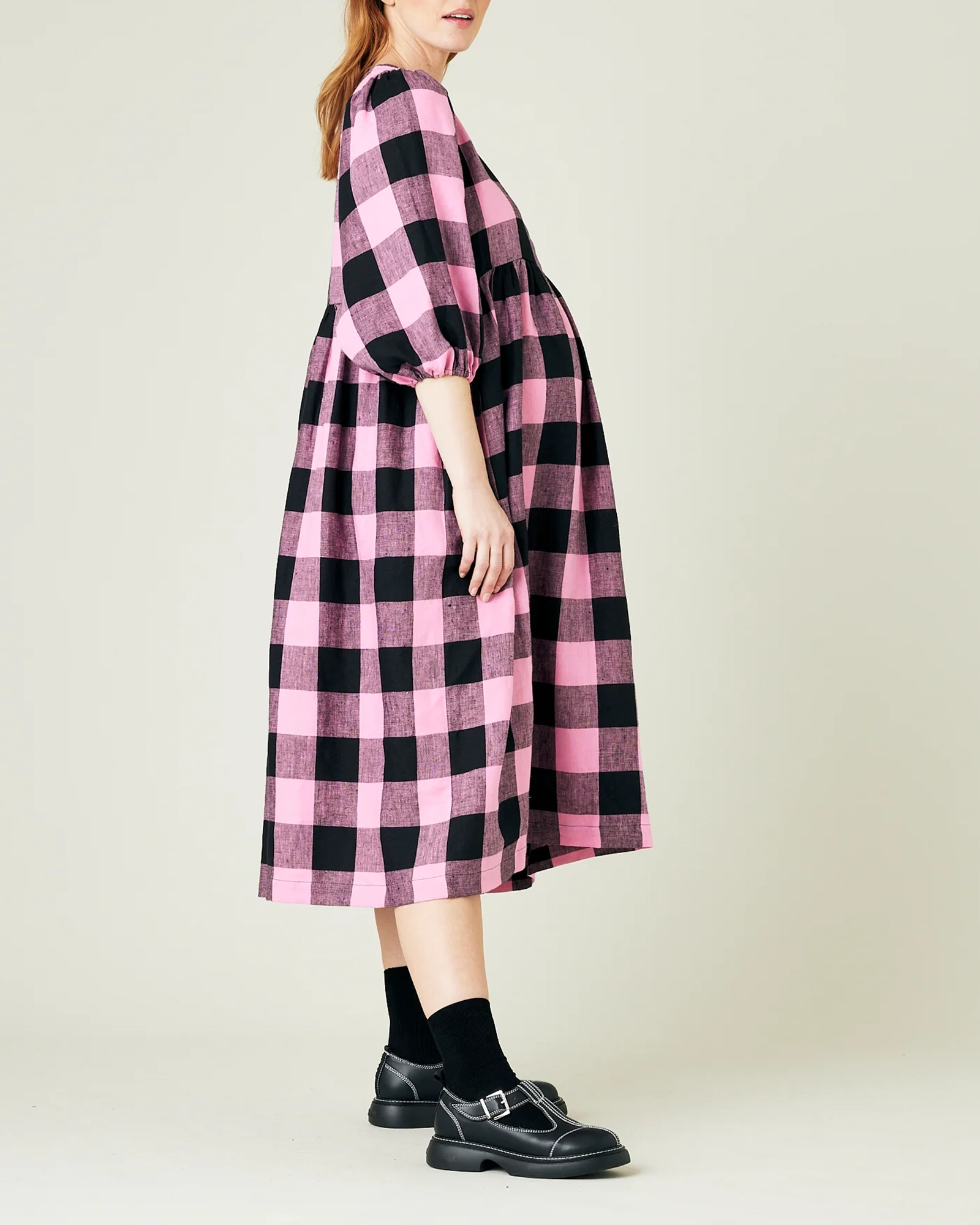 ABBIE PINK & BLACK MEGA CHECK LINEN DRESS