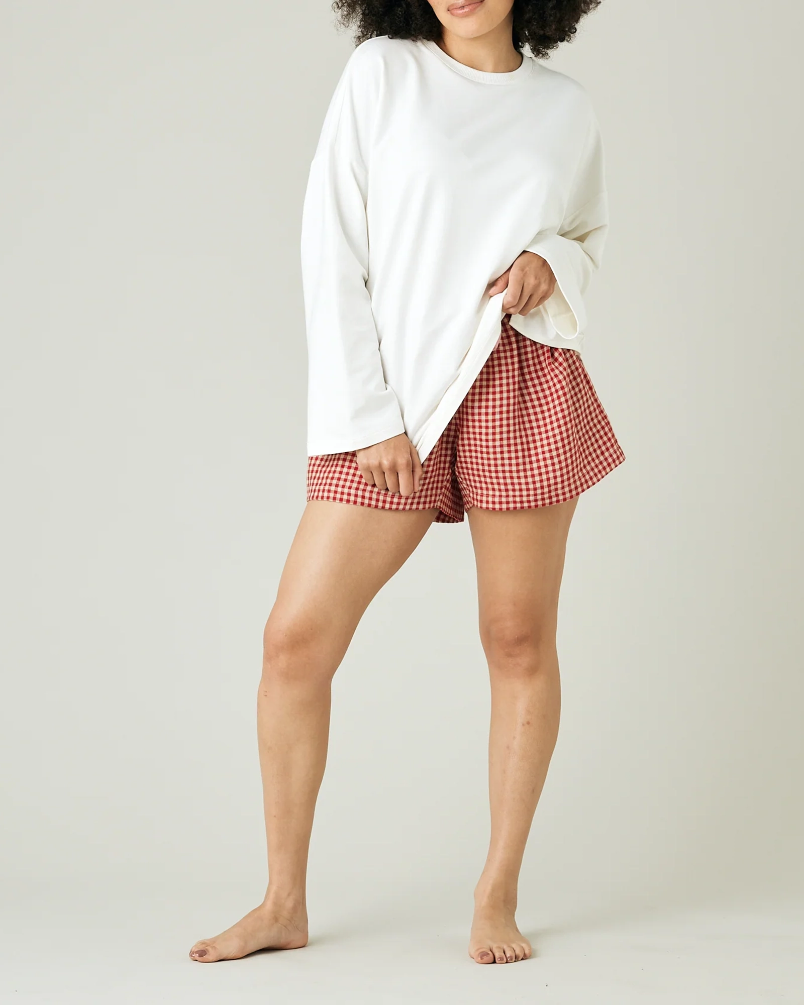 RED MICRO GINGHAM LINEN SHORT