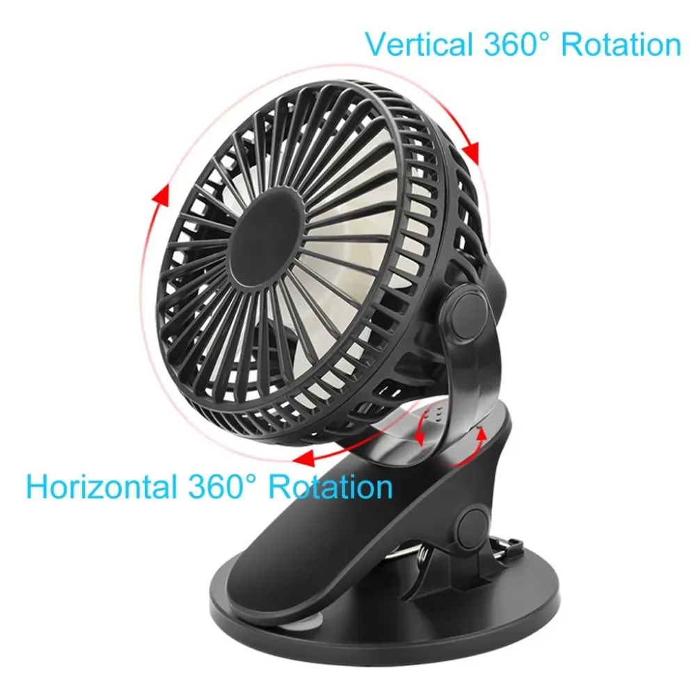 Low Noise Portable Desk Multi-function Mini Fan 360°Rotation Clip USB Fan, 2000mAh Rechargeable Battery