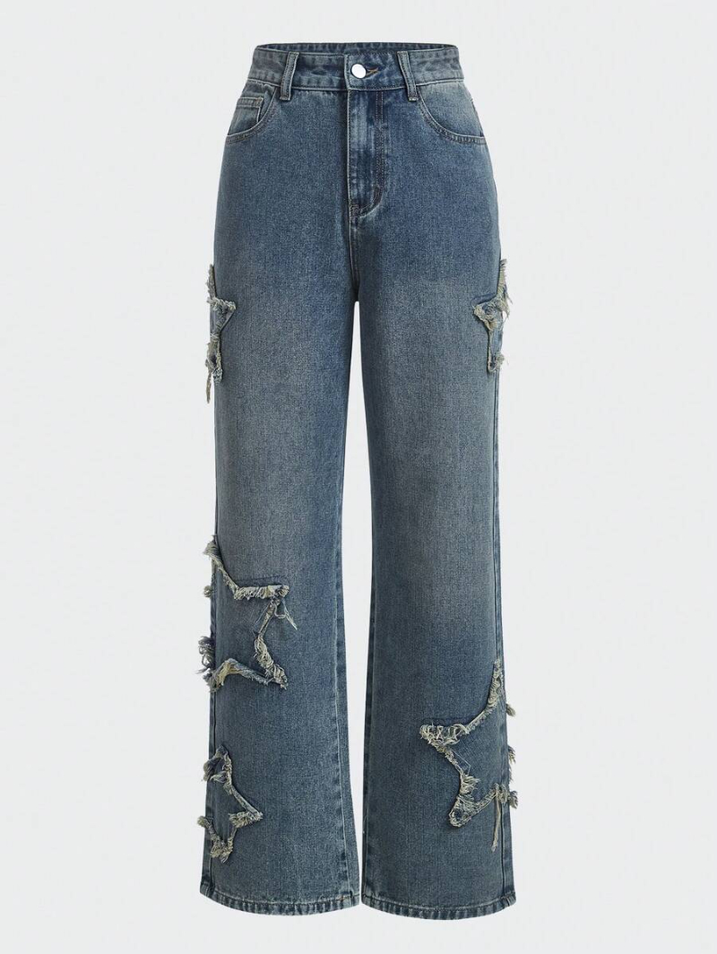 Grunge Punk Retro Cool Street Style Star Patch Embroidered Loose Straight Denim Trousers