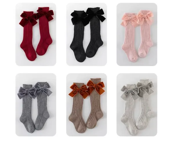 1-7 Y kids baby Knee High Socks girls for children style Heavy Knit Toddle Cotton Long Socks with big velvet bows