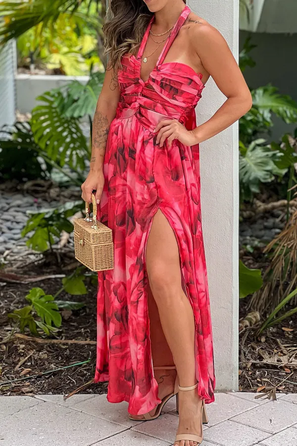 Coral Printed Midi Dress With Cut Out And Slit