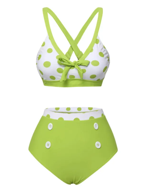 GREEN 1950S POLKA DOT V-NECK SWIMSUIT