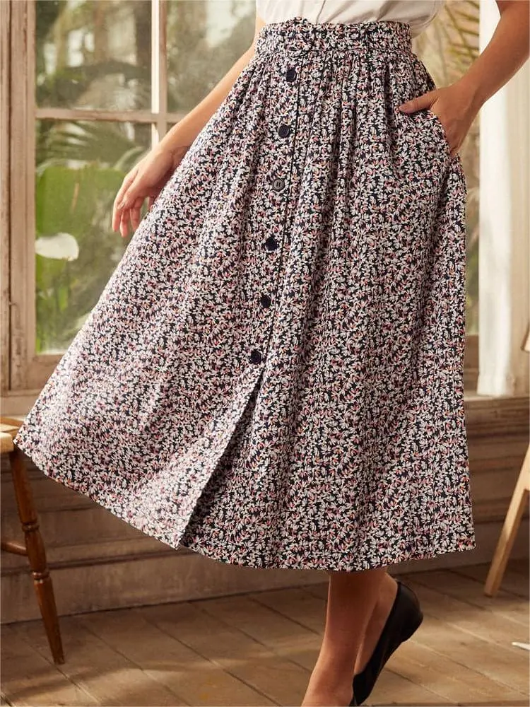 High Waisted Floral Skirts With Pockets