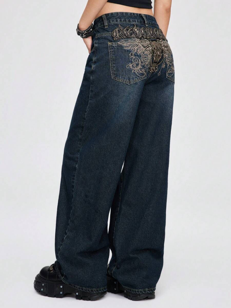 Grunge Punk Ladies' Grunge Punk Loose Wide Leg Jeans With Winged Skull Embroidered Patch On Back Pocket