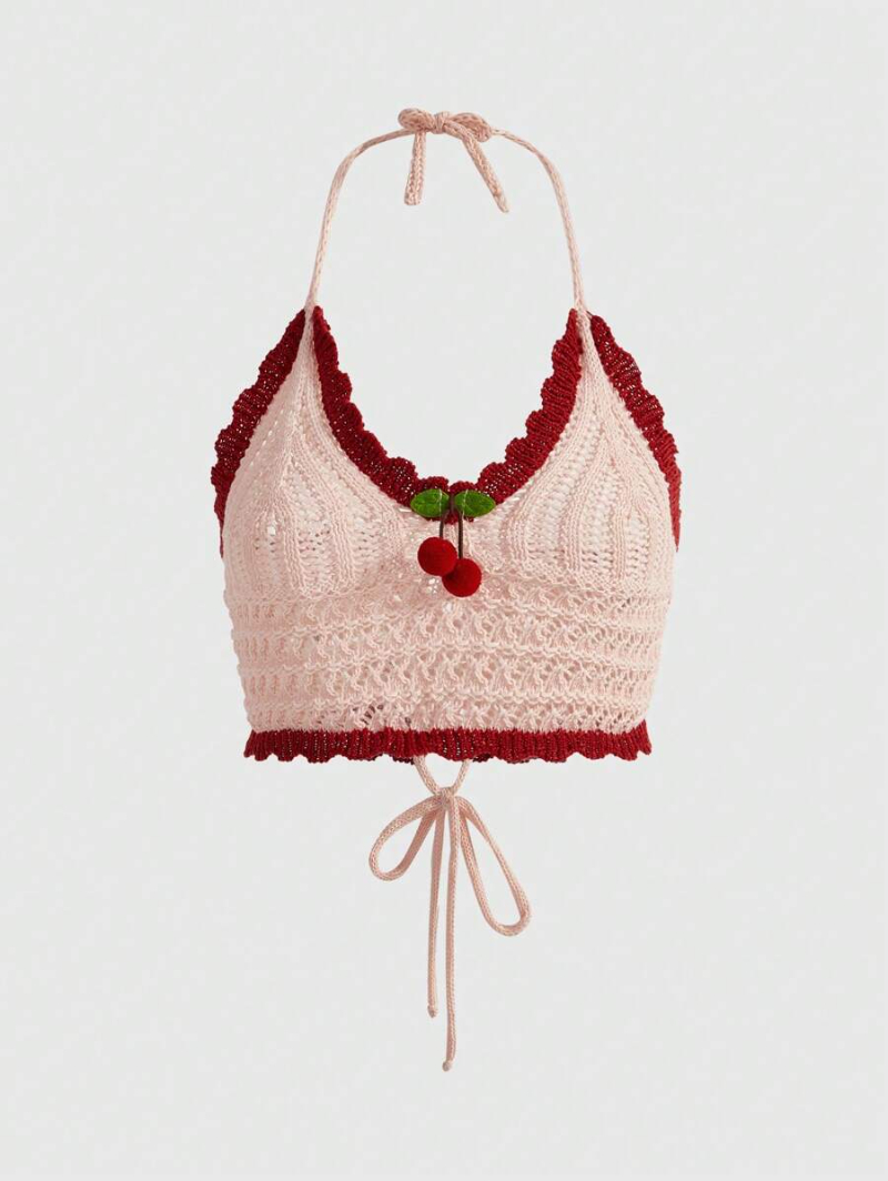 Kawaii Summer Crochet Beach Holiday Sweet, Cute Cherry Decorated Color Block Knitted Halter Top