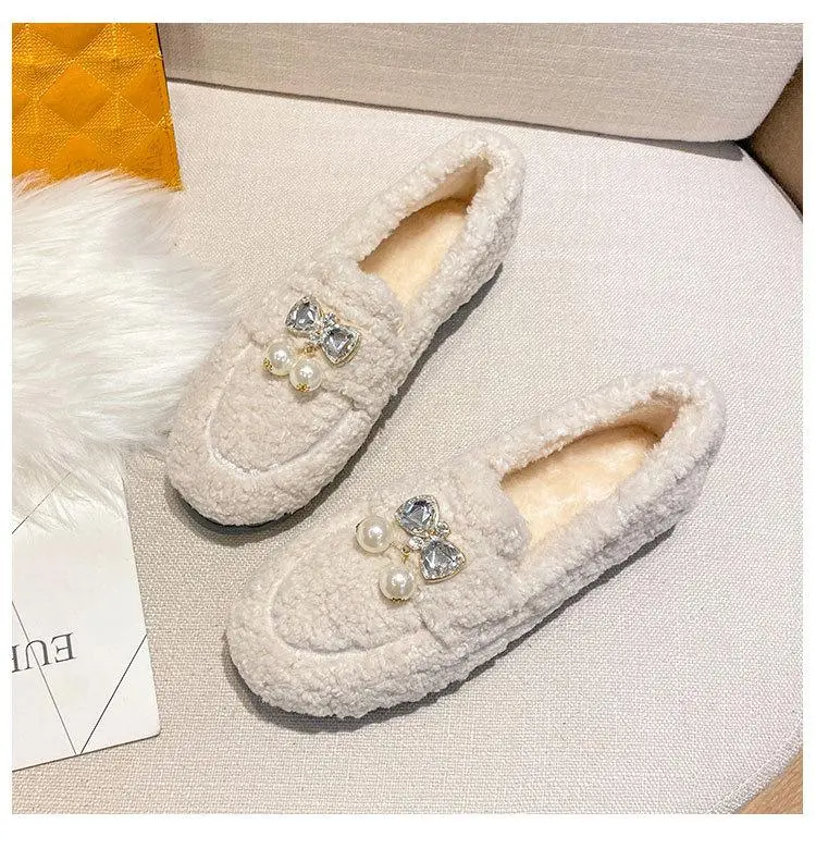 Furry Outer Wearing Flats Loafers Belt Bright diamond Bowknot Backless  Wild Fluffy Flat Mules Warm