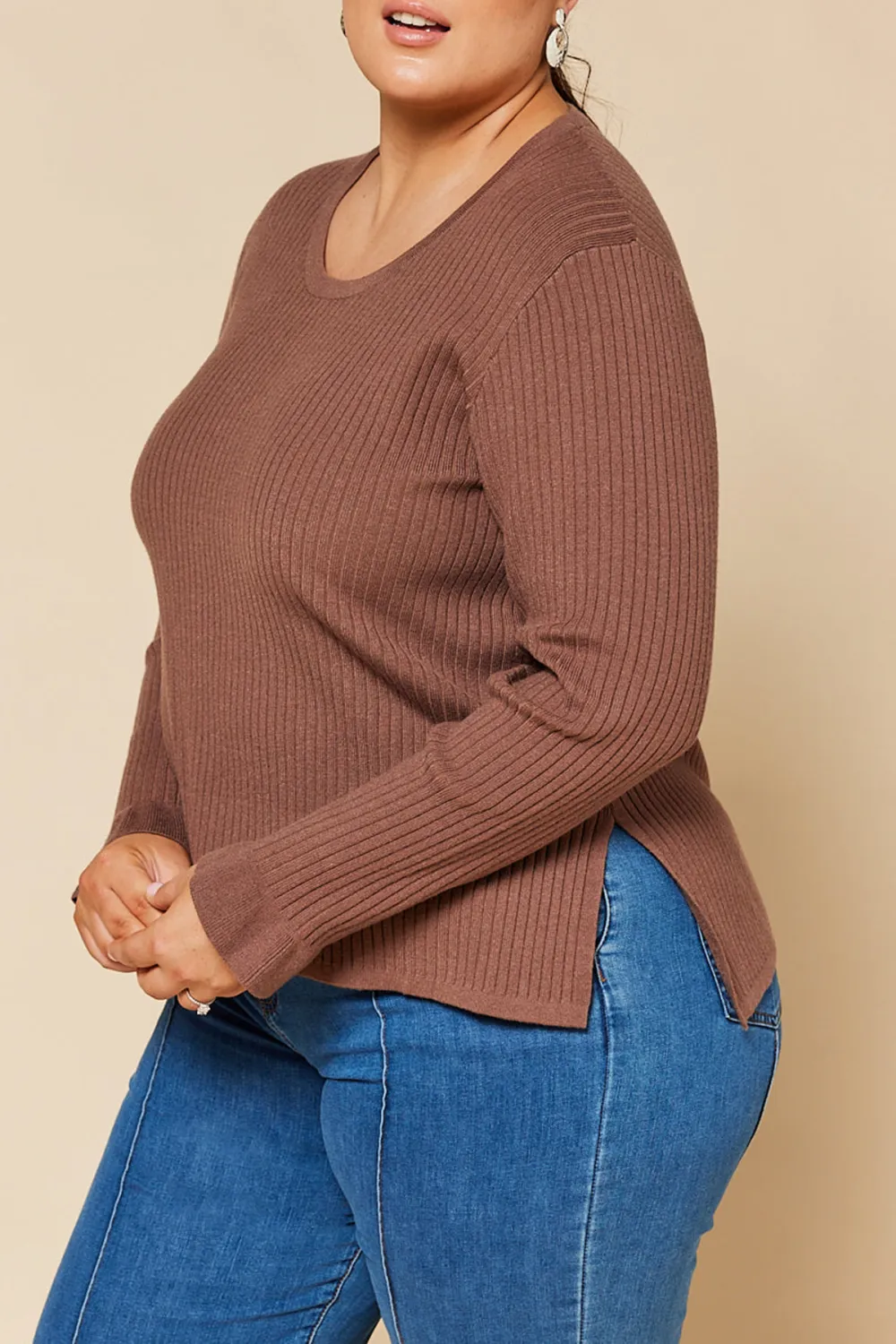 Long Sleeve Knitted Top In Cacao