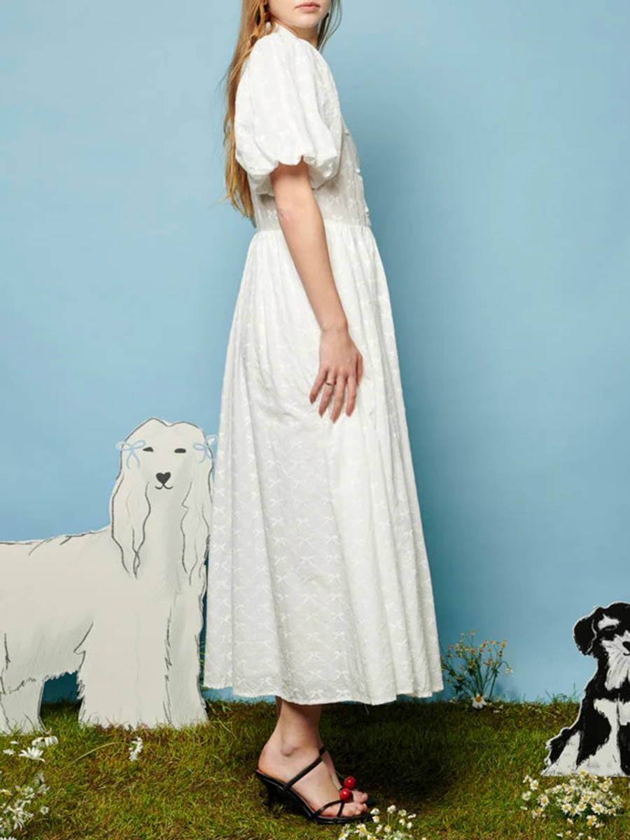 Poodle Bow Embroidered Midi Dress